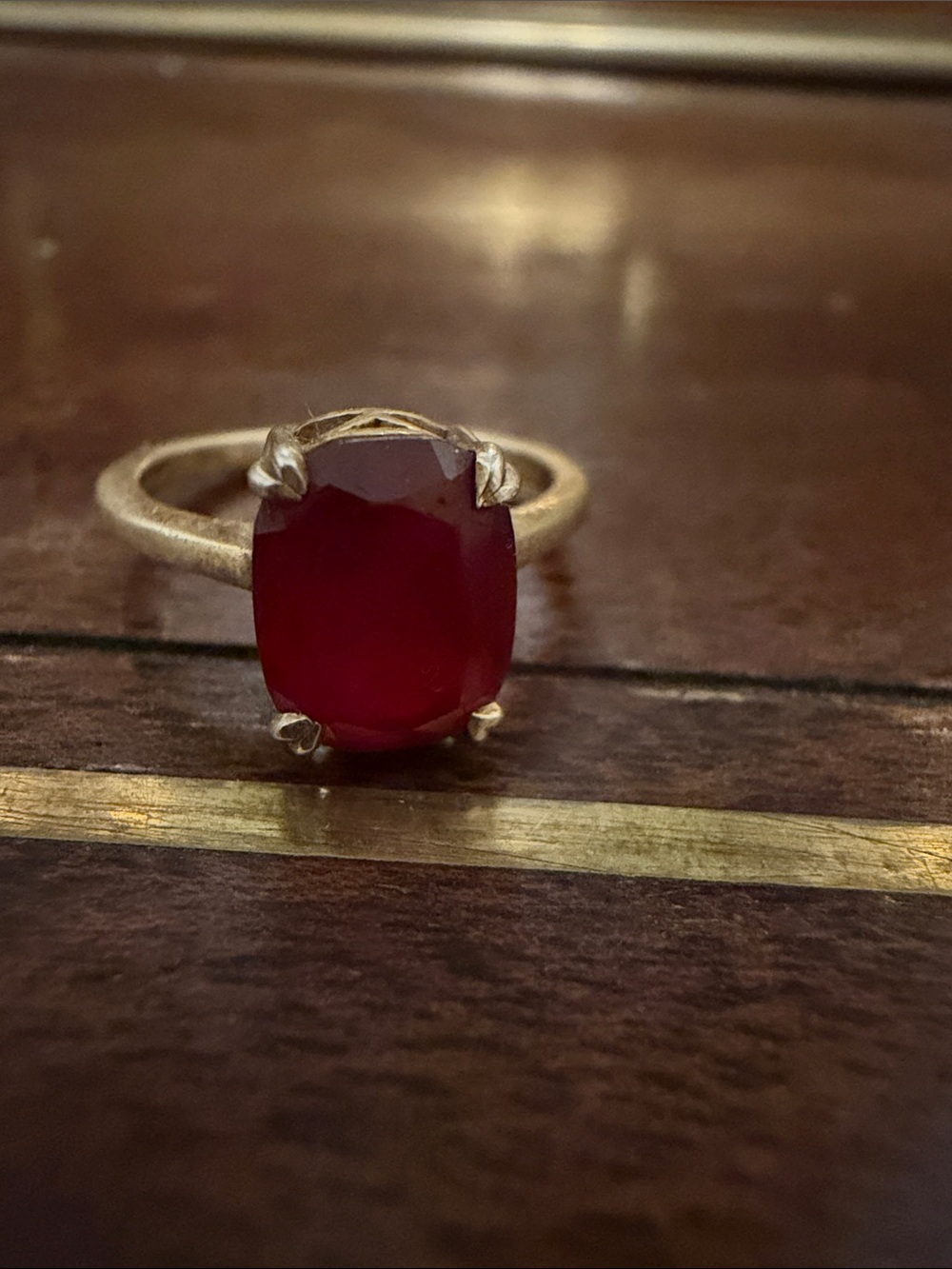 Gold plated 925 Ring with Deep Red Cushion Stone